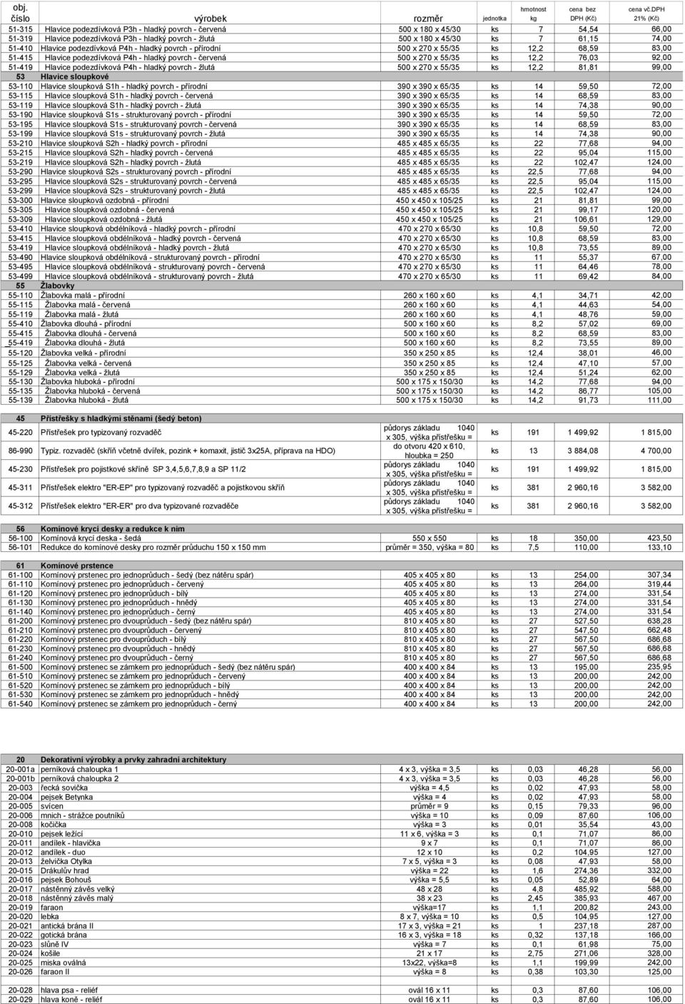 podezdívková P4h - hladký povrch - žlutá 500 x 270 x 55/35 ks 12,2 81,81 99,00 53 Hlavice sloupkové 53-110 Hlavice sloupková S1h - hladký povrch - přírodní 390 x 390 x 65/35 ks 14 59,50 72,00 53-115