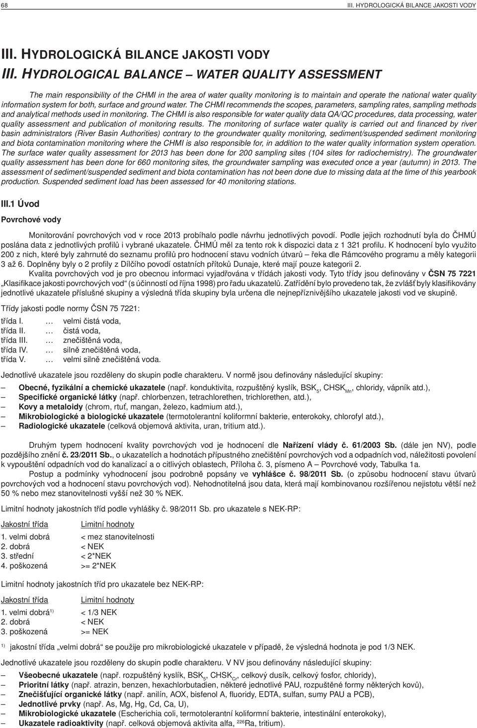 HYDROLOGICAL BALANCE WATER QUALITY ASSESSMENT The main responsibility of the CHMI in the area of water quality monitoring is to maintain and operate the national water quality information system for