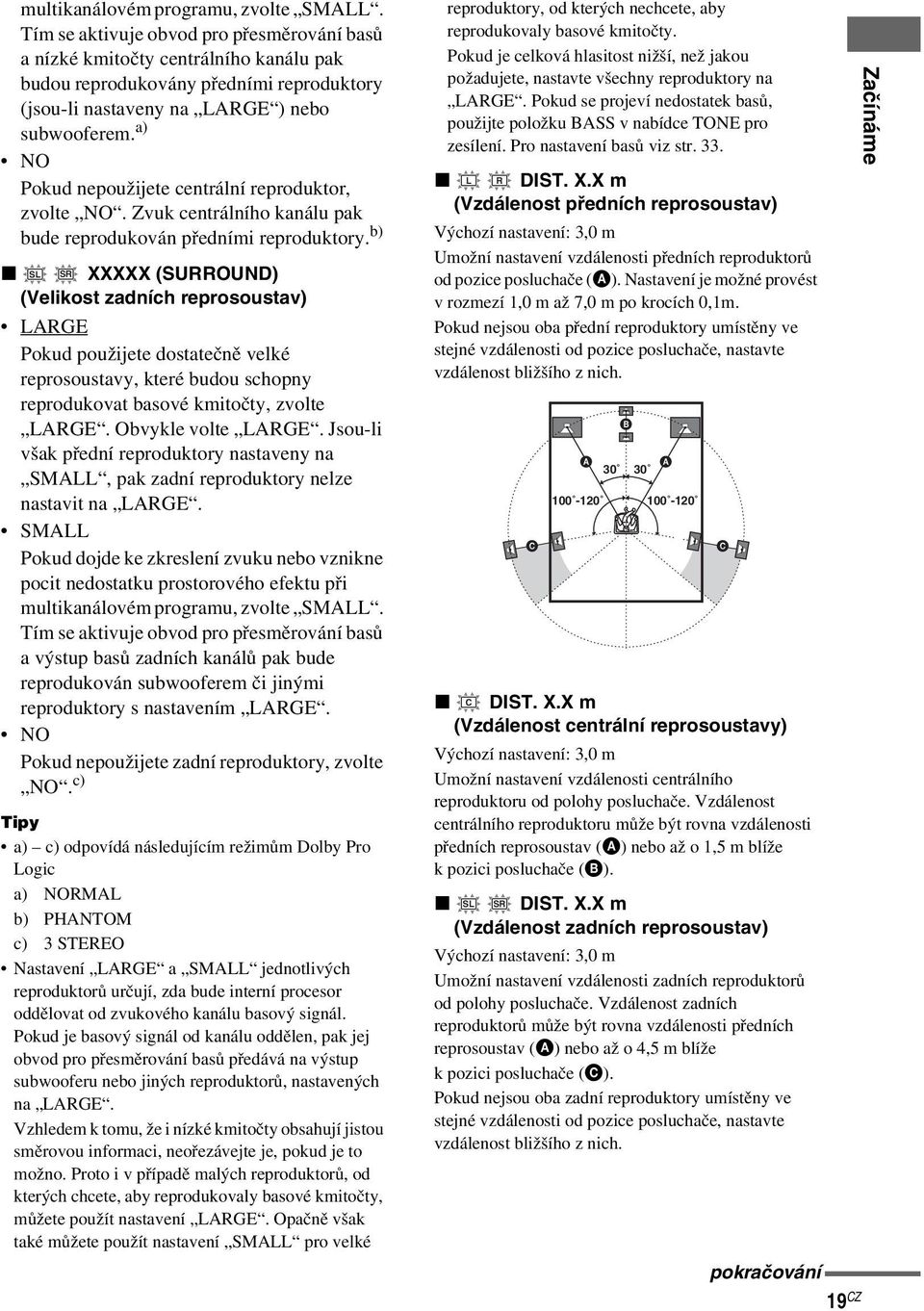 a) NO Pokud nepoužijete centrální reproduktor, zvolte NO. Zvuk centrálního kanálu pak bude reprodukován předními reproduktory.