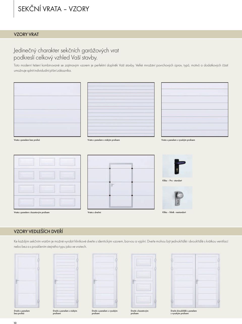 Vrata s panelem bez prolisů Vrata s panelem s nízkým prolisem Vrata s panelem s vysokým prolisem Klika Pvc - standart Vrata s panelem s kazetovým prolisem Vrata s dveřmi Klika hliník - nestandart
