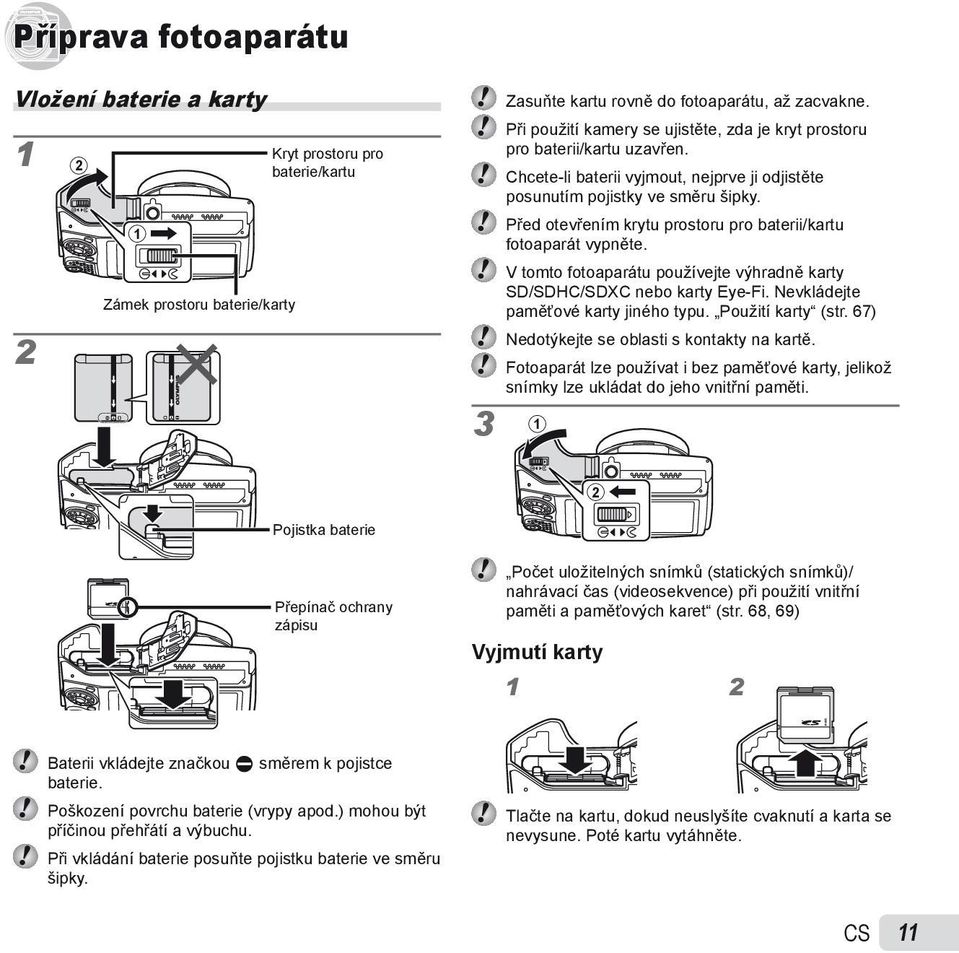 Před otevřením krytu prostoru pro baterii/kartu fotoaparát vypněte. V tomto fotoaparátu používejte výhradně karty SD/SDHC/SDXC nebo karty Eye-Fi. Nevkládejte paměťové karty jiného typu.