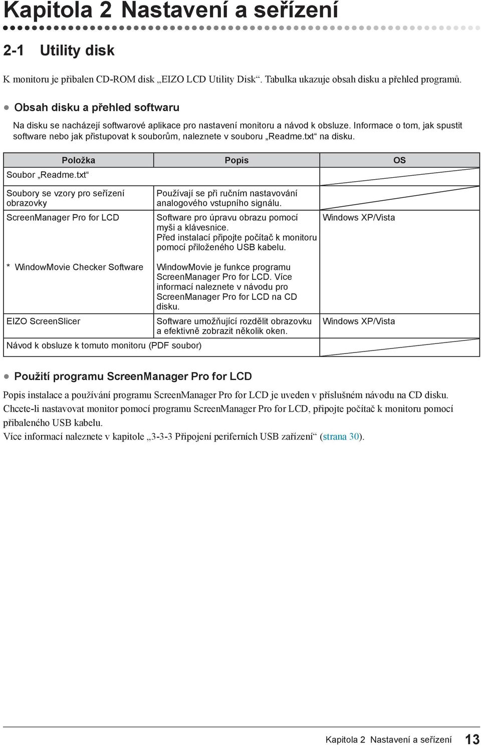 Informace o tom, jak spustit software nebo jak přistupovat k souborům, naleznete v souboru Readme.txt na disku. Položka Popis OS Soubor Readme.