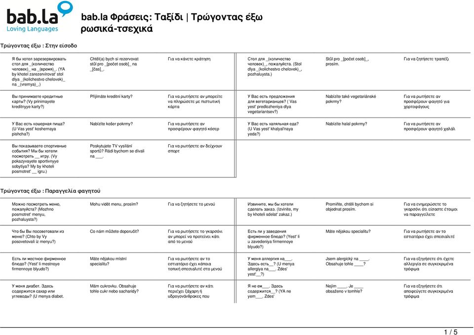 (Stol dlya _(kolichestvo chelovek)_, Stůl pro _[počet osob]_, Για να ζητήσετε τραπέζι Вы принимаете кредитные карты? (Vy prinimayete kreditnyye karty?) Přijímáte kreditní karty?