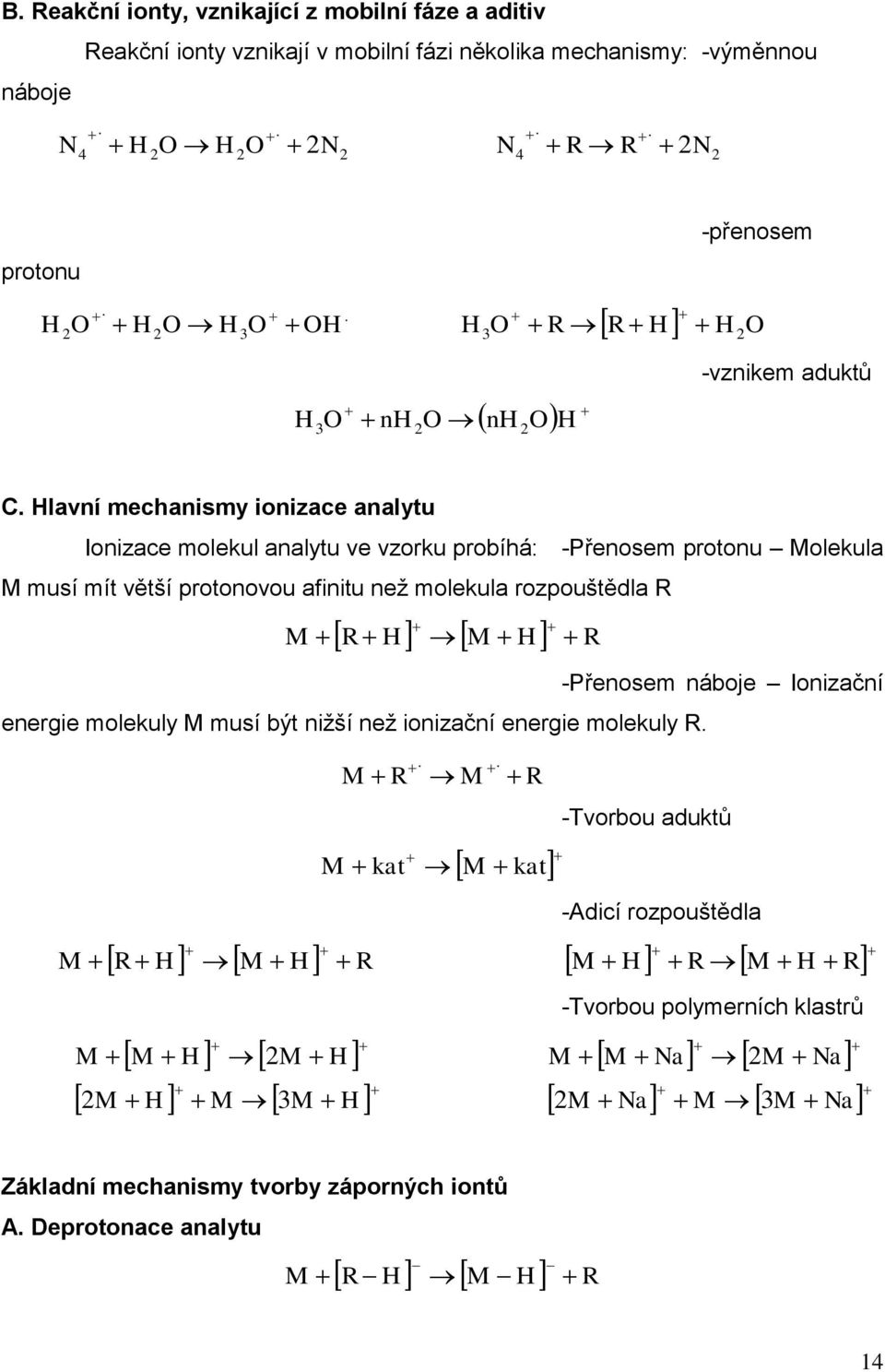 Hlavní mechanismy ionizace analytu Ionizace molekul analytu ve vzorku probíhá: -Přenosem protonu Molekula M musí mít větší protonovou afinitu než molekula rozpouštědla R M R H M H R -Přenosem