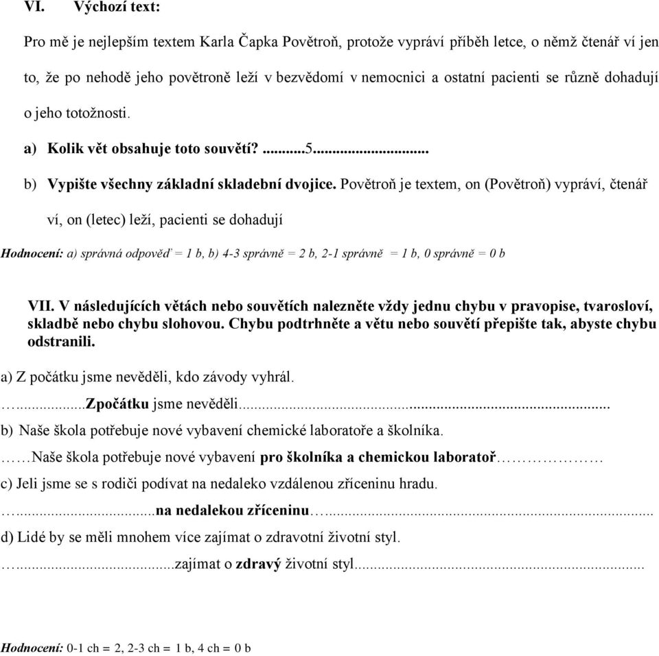 Povětroň je textem, on (Povětroň) vypráví, čtenář ví, on (letec) leží, pacienti se dohadují Hodnocení: a) správná odpověď = 1 b, b) 4-3 správně = 2 b, 2-1 správně = 1 b, 0 správně = 0 b VII.