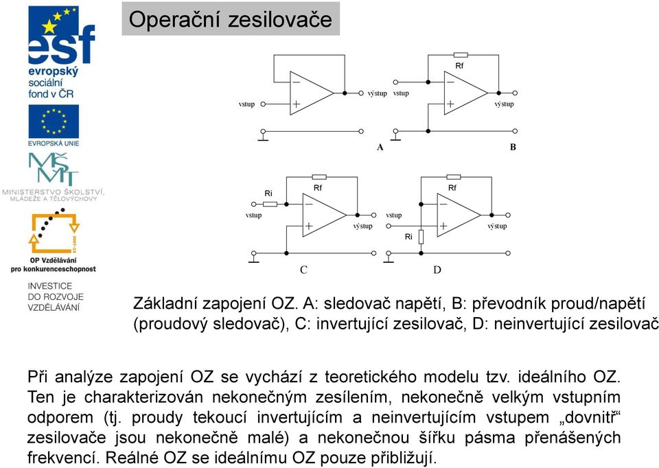 analýze zapojení OZ se vychází z teoretického modelu tzv. ideálního OZ.