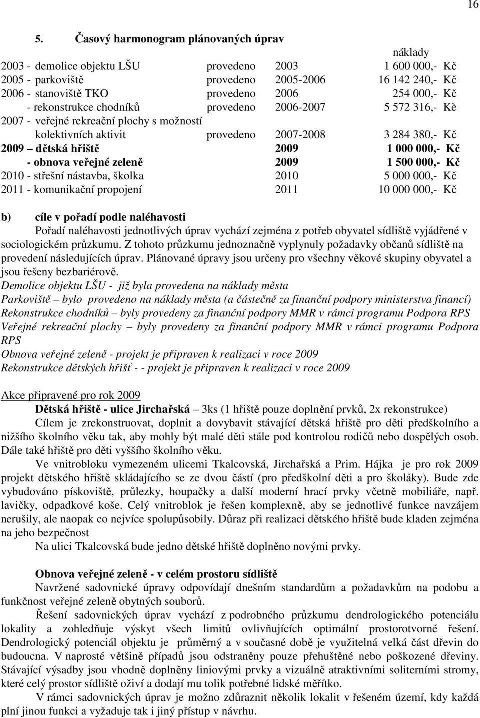 000 000,- Kč - obnova veřejné zeleně 2009 1 500 000,- Kč 2010 - střešní nástavba, školka 2010 5 000 000,- Kč 2011 - komunikační propojení 2011 10 000 000,- Kč b) cíle v pořadí podle naléhavosti