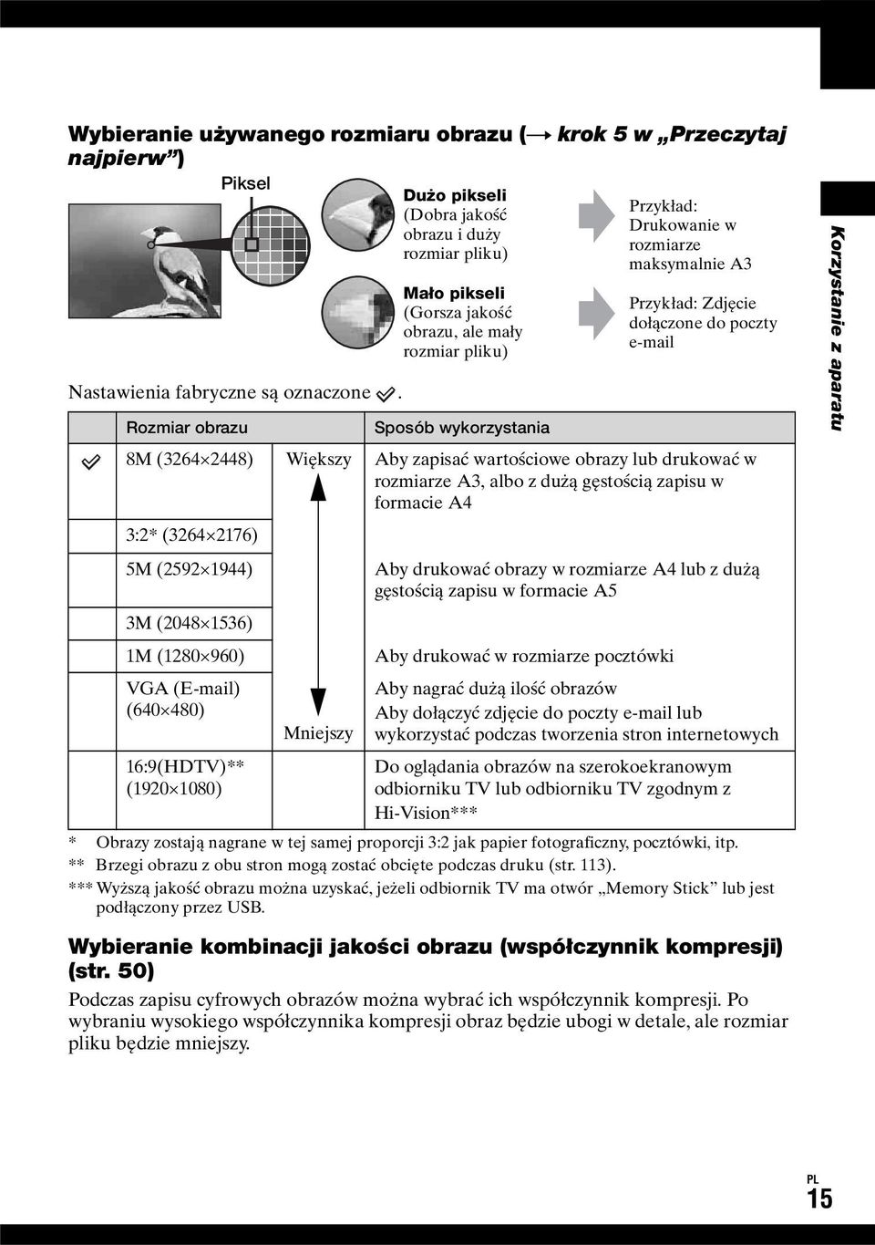 rozmiar pliku) Mało pikseli (Gorsza jakość obrazu, ale mały rozmiar pliku) Sposób wykorzystania Przykład: Drukowanie w rozmiarze maksymalnie A3 Przykład: Zdjęcie dołączone do poczty e-mail Aby