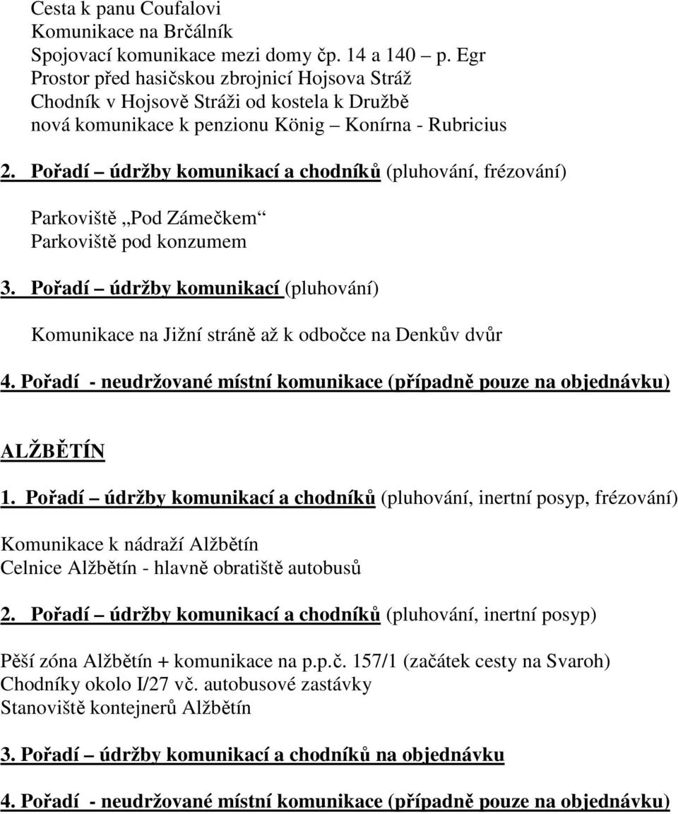 Pořadí údržby komunikací a chodníků (pluhování, frézování) Parkoviště Pod Zámečkem Parkoviště pod konzumem 3.