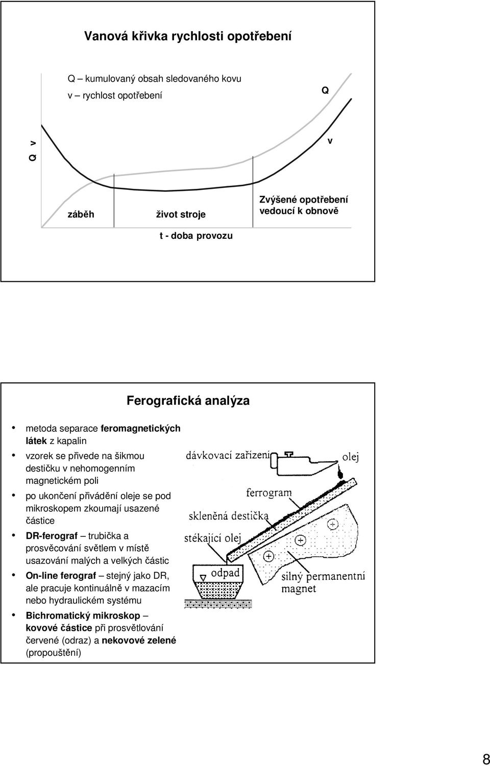 oleje se pod mikroskopem zkoumají usazené částice DR-ferograf trubička a prosvěcování světlem v místě usazování malých a velkých částic On-line ferograf stejný jako