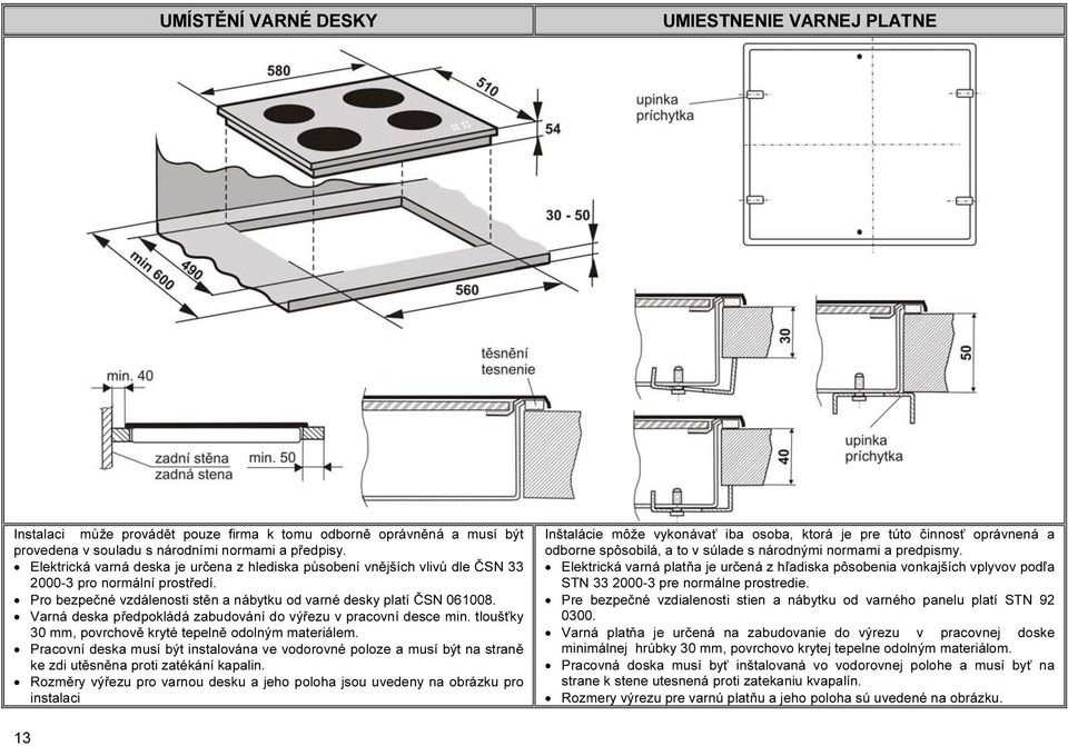 Varná deska předpokládá zabudování do výřezu v pracovní desce min. tloušťky 30 mm, povrchově kryté tepelně odolným materiálem.