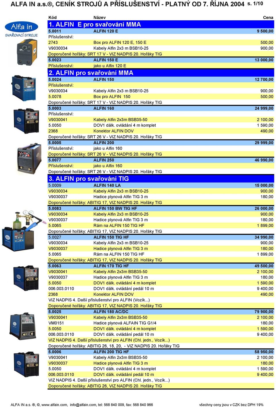 0024 ALFIN 150 12 700,00 5.0078 Box pro ALFIN 150 500,00 Doporučené hořáky: SRT 17 V - VIZ NADPIS 20. Hořáky TIG 5.