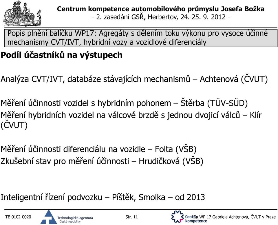 Klír (ČVUT) Měření účinnosti diferenciálu na vozidle Folta (VŠB) Zkušební stav pro měření účinnosti Hrudičková