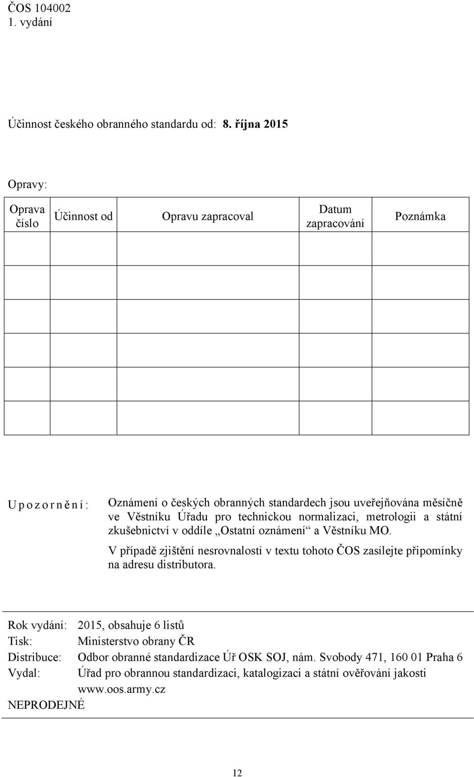 měsíčně ve Věstníku Úřadu pro technickou normalizaci, metrologii a státní zkušebnictví v oddíle Ostatní oznámení a Věstníku MO.