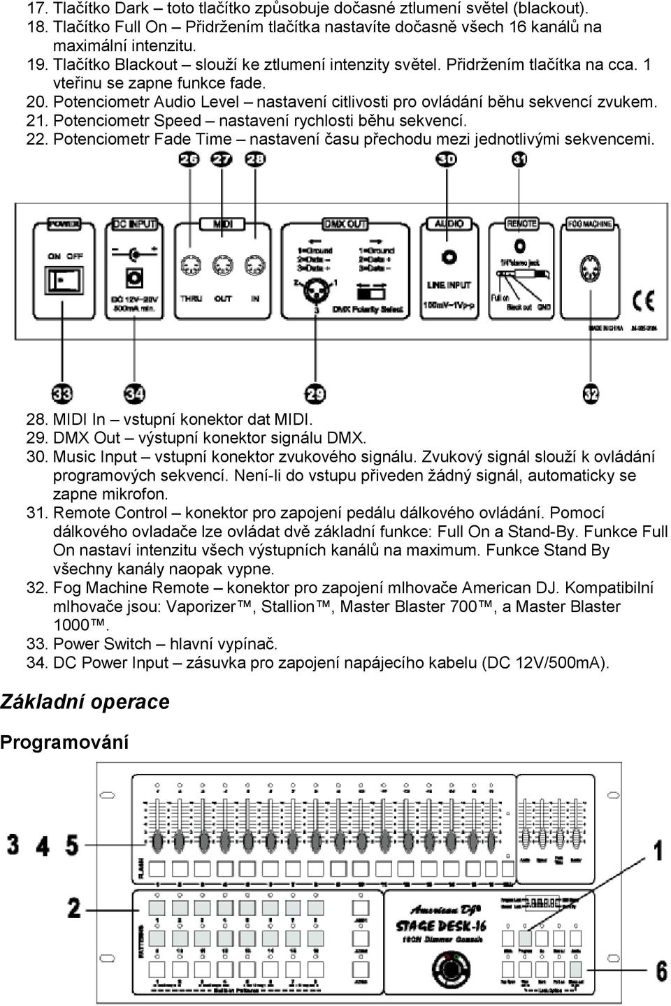 21. Potenciometr Speed nastavení rychlosti běhu sekvencí. 22. Potenciometr Fade Time nastavení času přechodu mezi jednotlivými sekvencemi. 28. MIDI In vstupní konektor dat MIDI. 29.