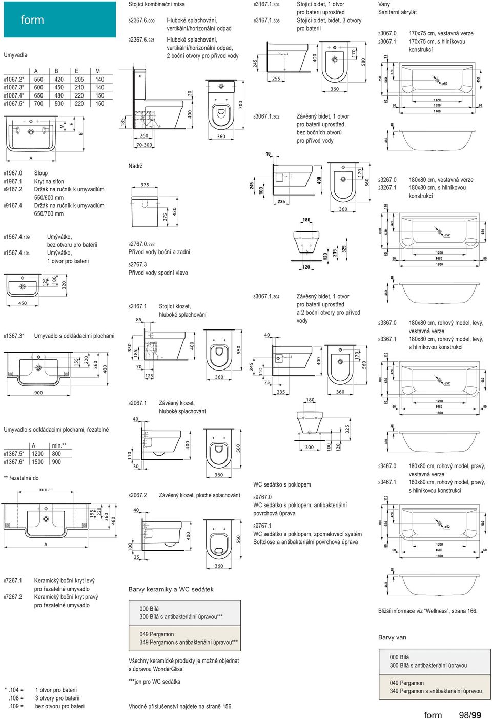 1 170x75 cm, s hliníkovou konstrukcí A B E M 81067.2* 550 420 205 140 81067.3* 600 450 210 140 81067.4* 650 480 220 150 81067.5* 700 500 220 150 83067.1.302 Závěsný bidet, 1 otvor pro baterii uprostřed, bez bočních otvorů pro přívod vody 81967.
