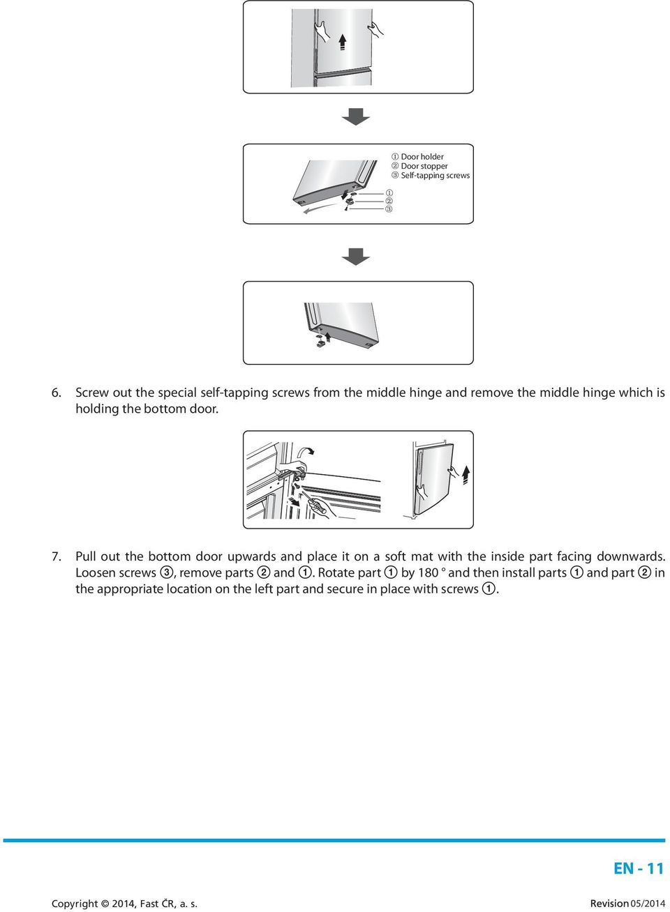 bottom door. 7. Pull out the bottom door upwards and place it on a soft mat with the inside part facing downwards.