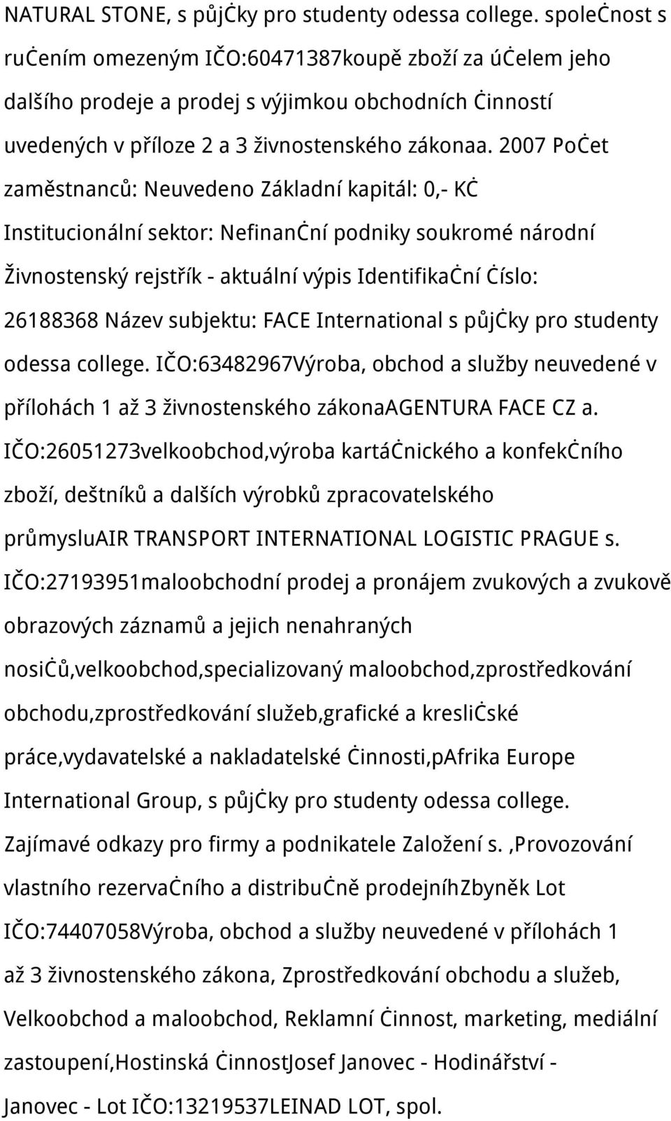 2007 Počet zaměstnanců: Neuvedeno Základní kapitál: 0,- Kč Institucionální sektor: Nefinanční podniky soukromé národní Živnostenský rejstřík - aktuální výpis Identifikační číslo: 26188368 Název