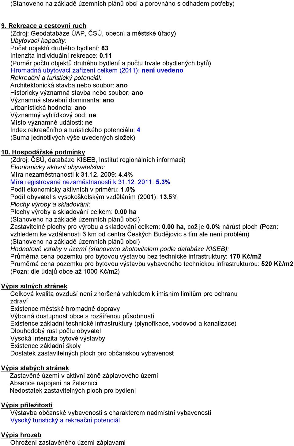 11 (Poměr počtu objektů druhého bydlení a počtu trvale obydlených bytů) Hromadná ubytovací zařízení celkem (2011): není uvedeno Rekreační a turistický potenciál: Architektonická stavba nebo soubor: