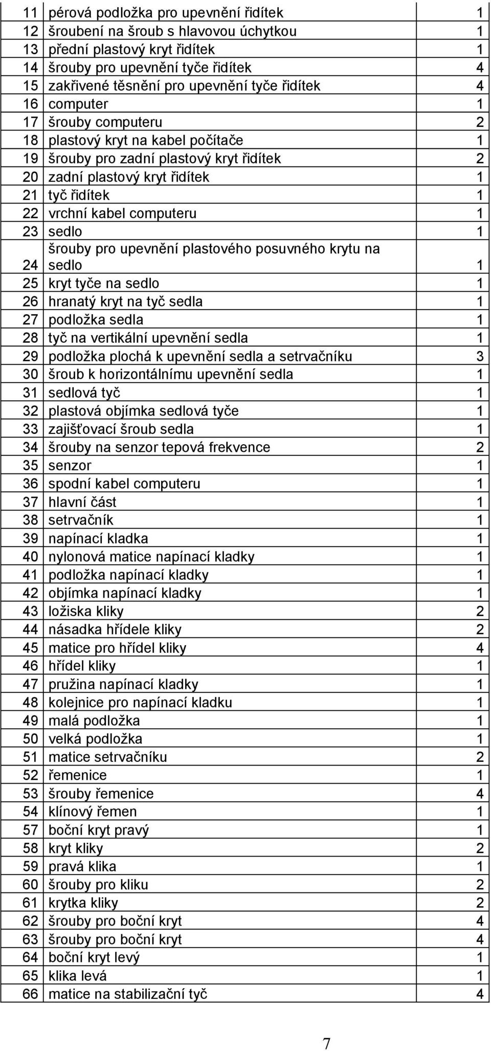 computeru 1 23 sedlo 1 24 šrouby pro upevnění plastového posuvného krytu na sedlo 1 25 kryt tyče na sedlo 1 26 hranatý kryt na tyč sedla 1 27 podložka sedla 1 28 tyč na vertikální upevnění sedla 1 29