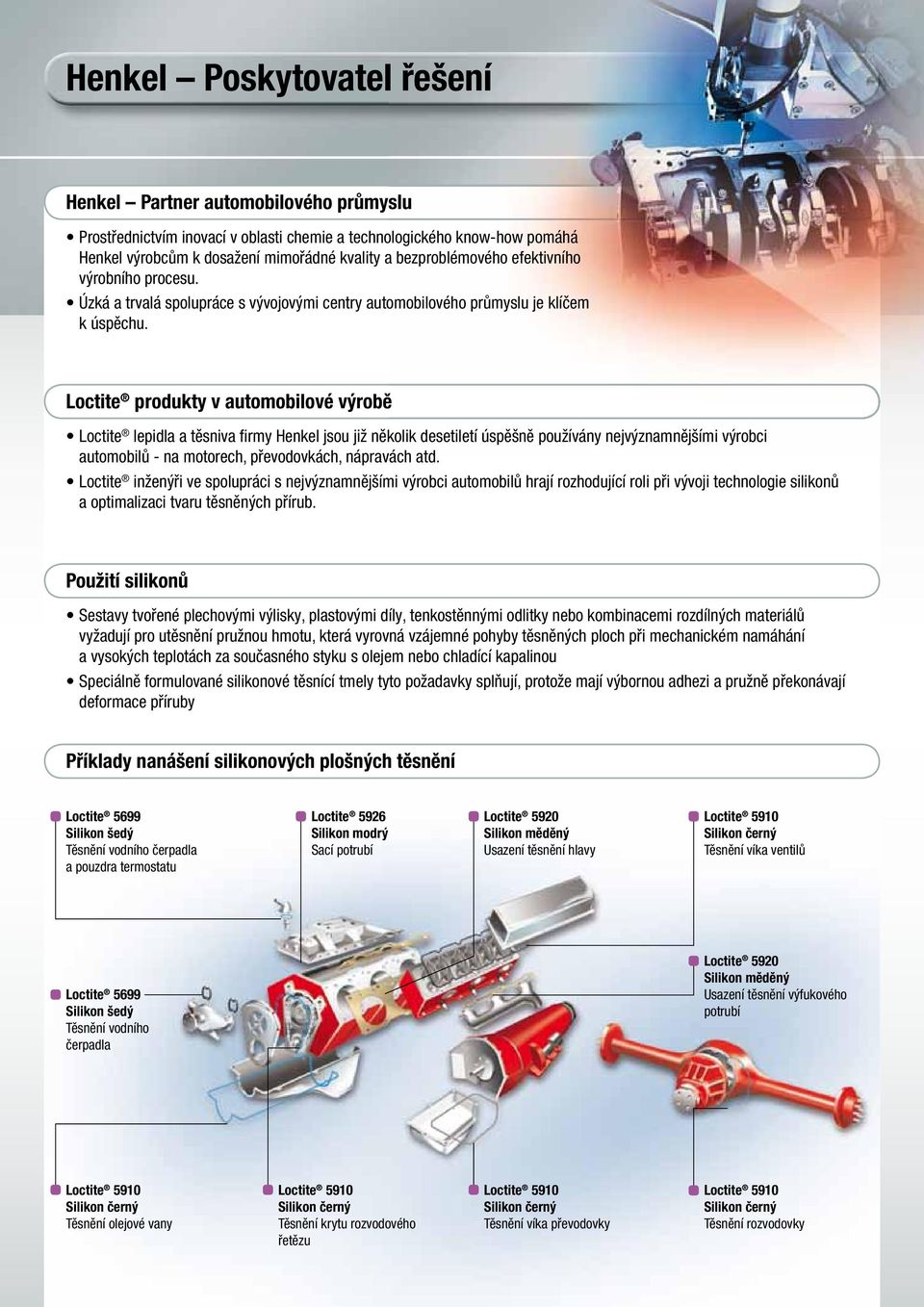 Loctite produkty v automobilové výrobě Loctite lepidla a těsniva firmy Henkel jsou již několik desetiletí úspěšně používány nejvýznamnějšími výrobci automobilů - na motorech, převodovkách, nápravách