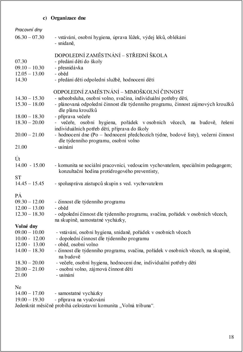 30 - sebeobsluha, osobní volno, svačina, individuální potřeby dětí, 15.30 18.00 - plánovaná odpolední činnost dle týdenního programu, činnost zájmových kroužků dle plánu kroužků 18.00 18.