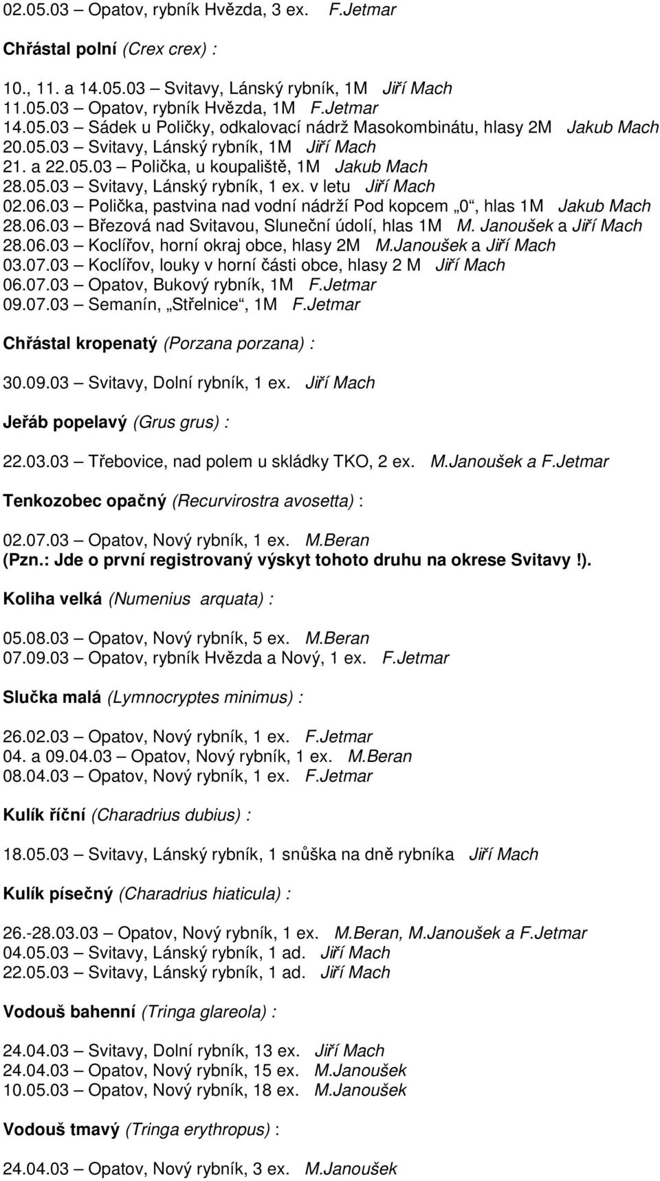 03 Polička, pastvina nad vodní nádrží Pod kopcem 0, hlas 1M Jakub Mach 28.06.03 Březová nad Svitavou, Sluneční údolí, hlas 1M M. Janoušek a Jiří Mach 28.06.03 Koclířov, horní okraj obce, hlasy 2M M.