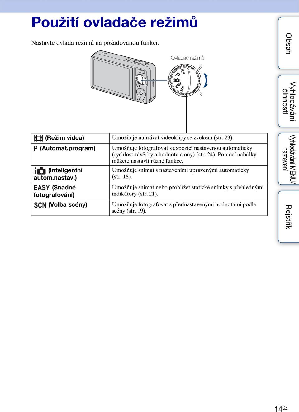 ) (Snadné fotografování) (Volba scény) Umožňuje fotografovat s expozicí nastavenou automaticky (rychlost závěrky a hodnota clony) (str. 24).