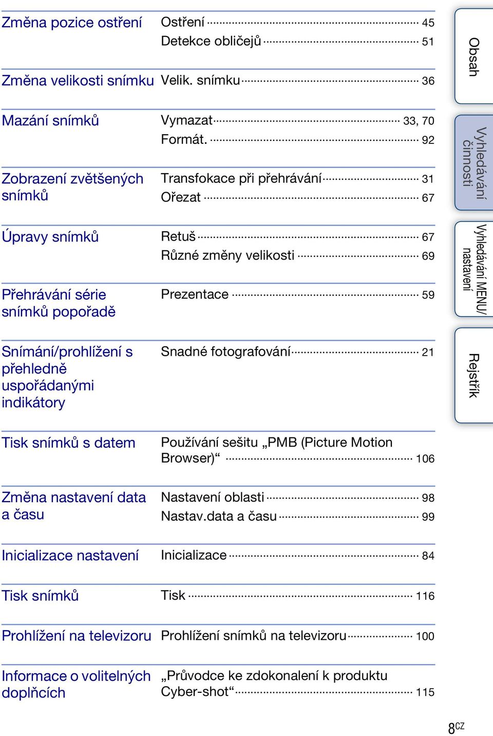 Snímání/prohlížení s přehledně uspořádanými indikátory Snadné fotografování 21 Tisk snímků s datem Používání sešitu PMB (Picture Motion Browser) 106 Změna data a času Nastavení