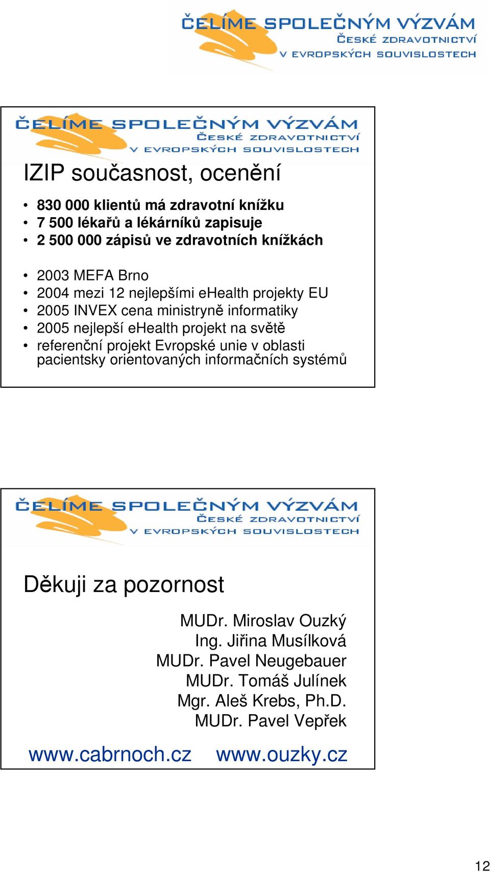světě referenční projekt Evropské unie v oblasti pacientsky orientovaných informačních systémů Děkuji za pozornost www.cabrnoch.cz MUDr.