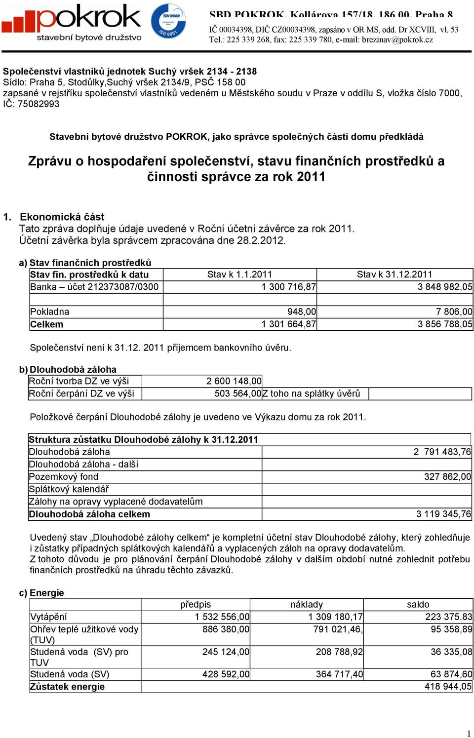 vložka číslo 7, IČ: 7582993 Stavební bytové družstvo POKROK, jako správce společných částí domu předkládá Zprávu o hospodaření společenství, stavu finančních prostředků a činnosti správce za rok 211