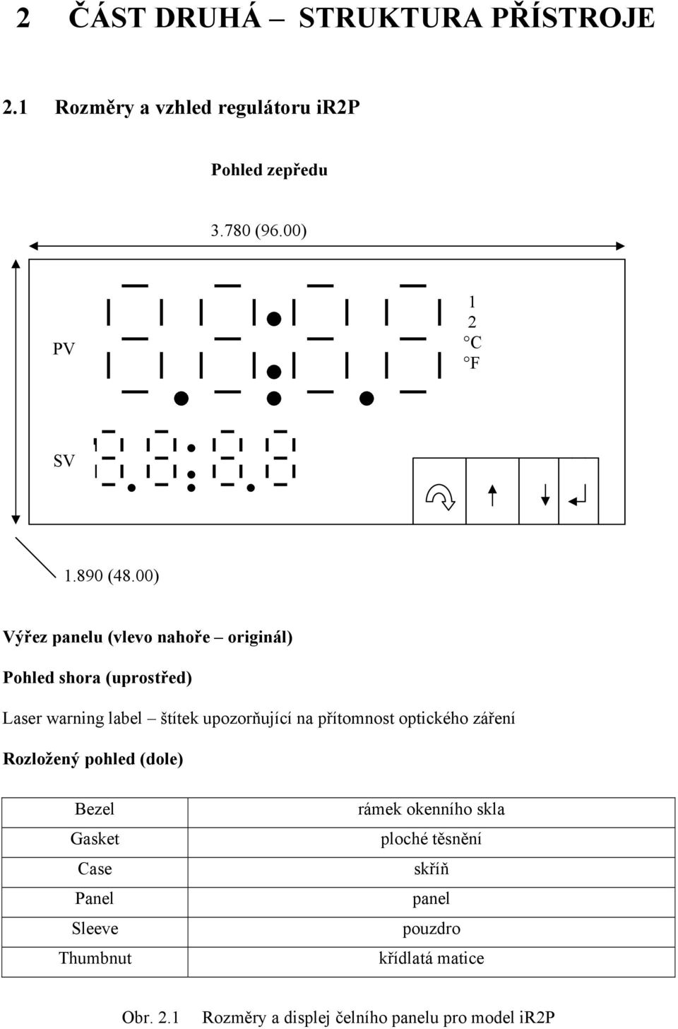 00) Výřez panelu (vlevo nahoře originál) Pohled shora (uprostřed) Laser warning label štítek upozorňující na