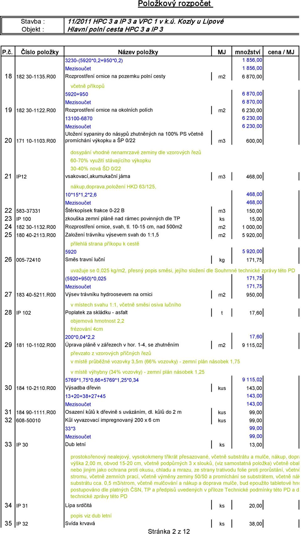 R00 včetně příkopů 5920+950 13100-6870 6 230,00 6 230,00 Uložení sypaniny do násypů zhutněných na 100% PS včetně promíchání výkopku a ŠP 0/22 m3 600,00 dosypání vhodné nenamrzavé zeminy dle vzorových