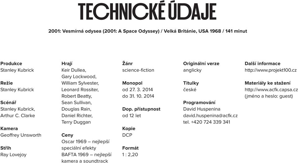 Oscar 1969 nejlepší speciální efekty BAFTA 1969 nejlepší kamera a soundtrack Žánr science-fiction Monopol od 27. 3. 2014 do 31. 10. 2014 Dop.