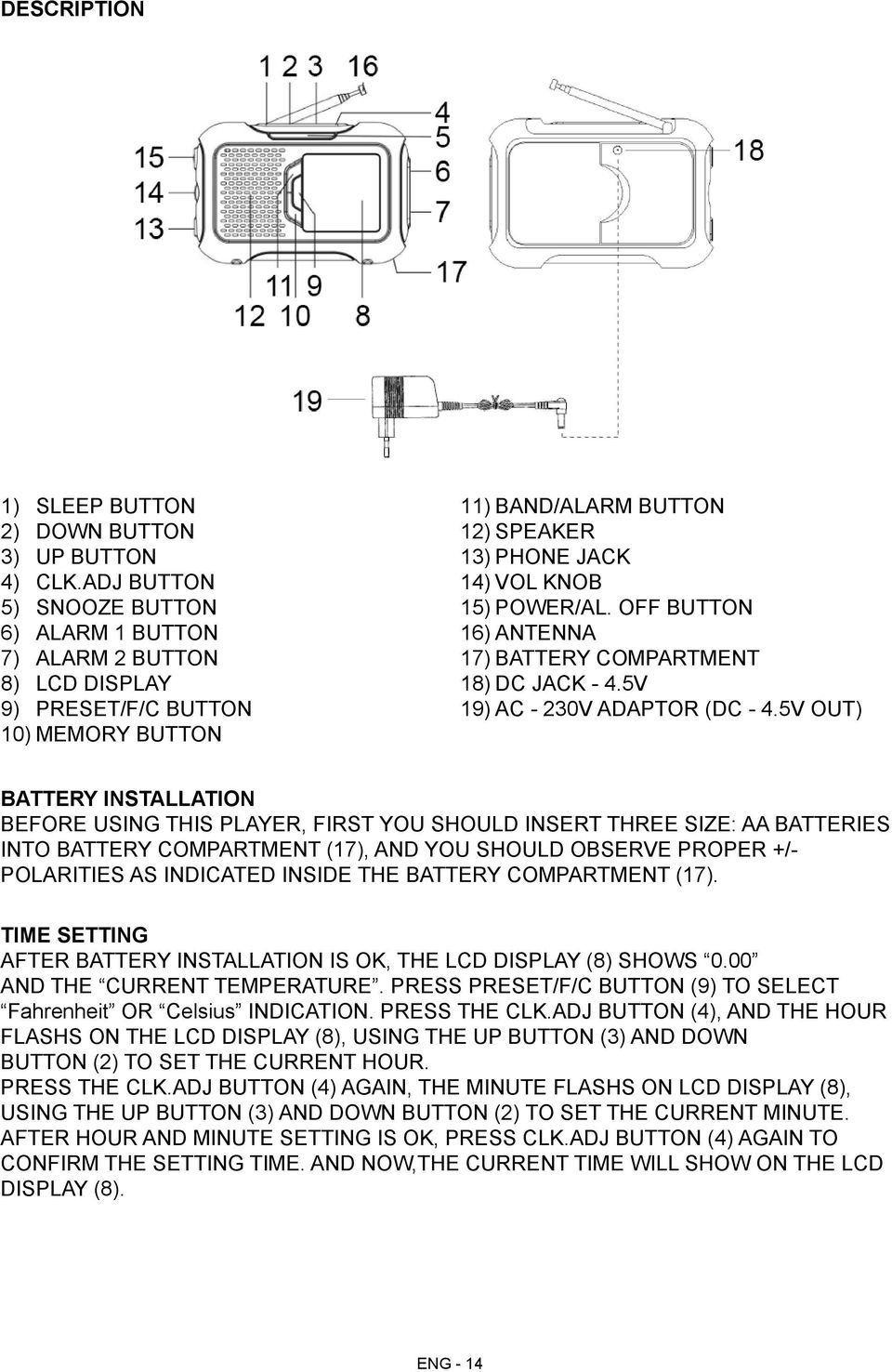 OFF BUTTON 16) ANTENNA 17) BATTERY COMPARTMENT 18) DC JACK - 4.5V 19) AC - 230V ADAPTOR (DC - 4.