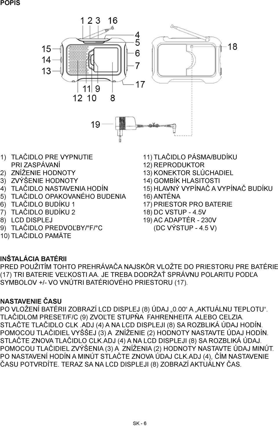 PRIESTOR PRO BATERIE 18) DC VSTUP - 4.5V 19) AC ADAPTÉR - 230V (DC VÝSTUP - 4.