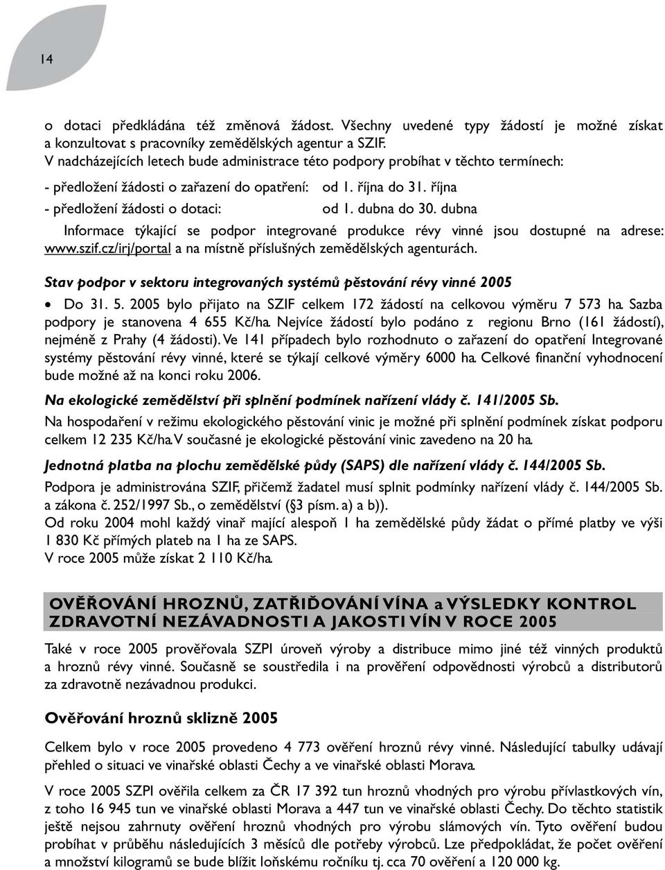 dubna do 30. dubna Informace týkající se podpor integrované produkce révy vinné jsou dostupné na adrese: www.szif.cz/irj/portal a na místně příslušných zemědělských agenturách.