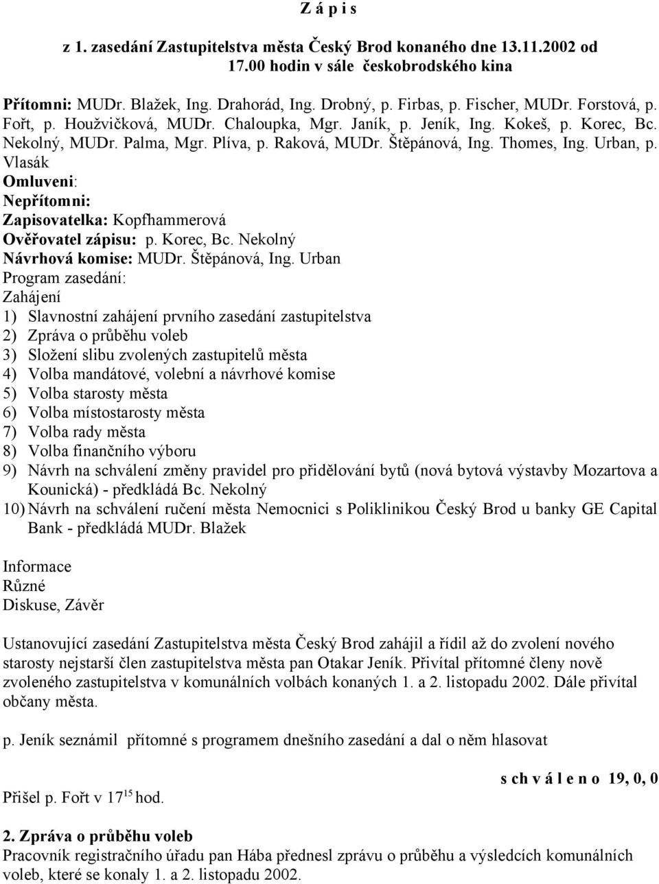 Urban, p. Vlasák Omluveni: Nepřítomni: Zapisovatelka: Kopfhammerová Ověřovatel zápisu: p. Korec, Bc. Nekolný Návrhová komise: MUDr. Štěpánová, Ing.