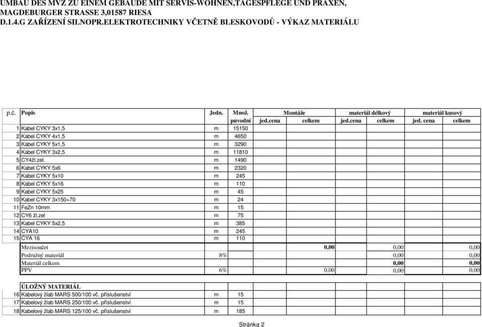 m 1490 6 Kabel CYKY 5x6 m 2320 7 Kabel CYKY 5x10 m 245 8 Kabel CYKY 5x16 m 110 9 Kabel CYKY 5x25 m 45 10 Kabel CYKY 3x150+70 m 24 11 FeZn 10mm m 15 12 CY6 žl.