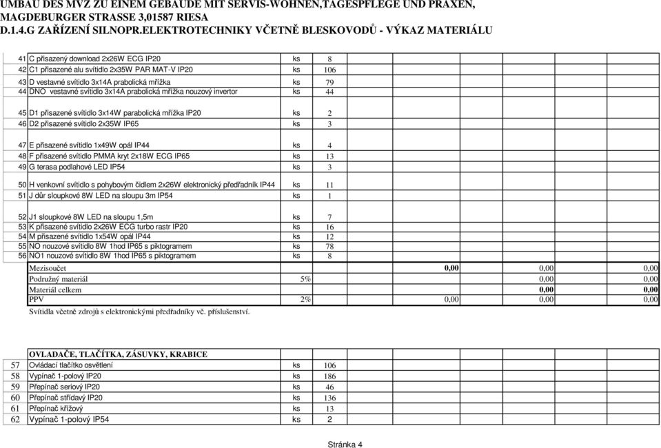 PMMA kryt 2x18W ECG IP65 ks 13 49 G terasa podlahové LED IP54 ks 3 50 H venkovní svítidlo s pohybovým čidlem 2x26W elektronický předřadník IP44 ks 11 51 J důr sloupkové 8W LED na sloupu 3m IP54 ks 1