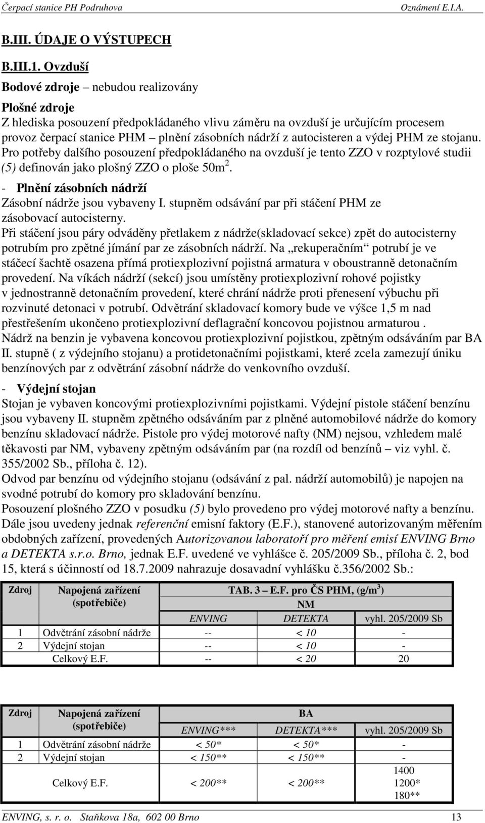 autocisteren a výdej PHM ze stojanu. Pro potřeby dalšího posouzení předpokládaného na ovzduší je tento ZZO v rozptylové studii (5) definován jako plošný ZZO o ploše 50m 2.