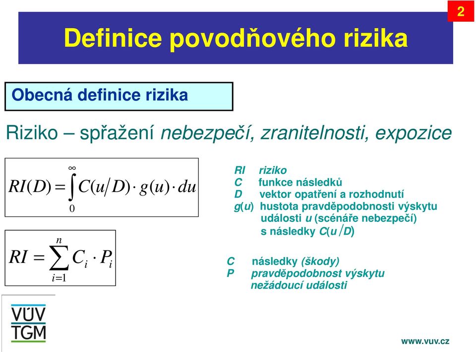 následků D vektor opatření a rozhodnutí g(u) hustota pravděpodobnosti výskytu události u