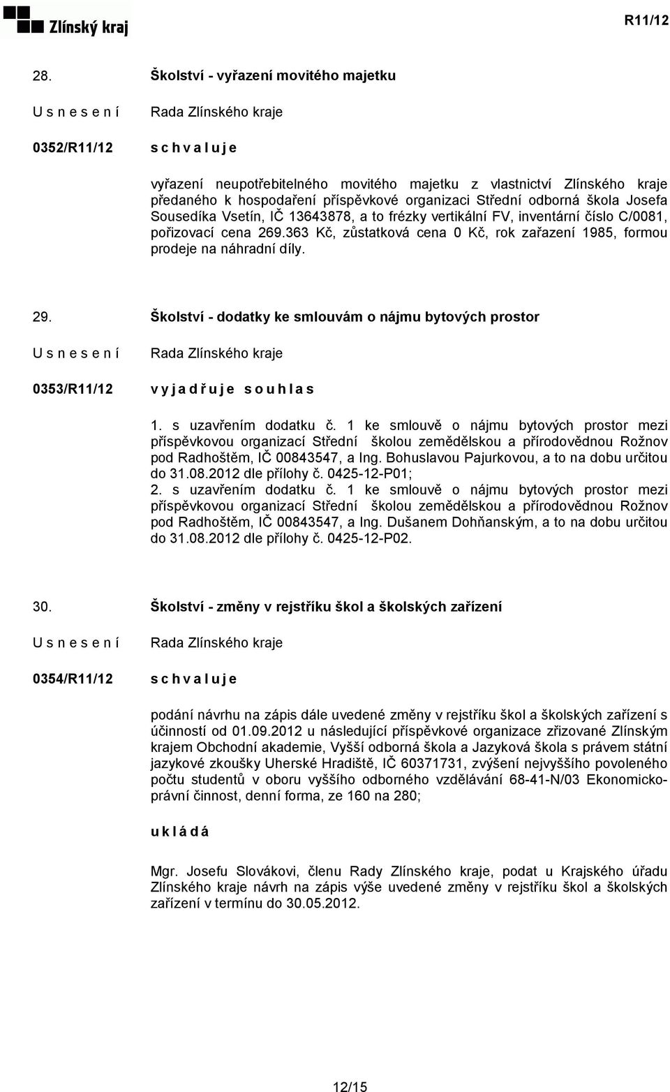 Školství - dodatky ke smlouvám o nájmu bytových prostor 0353/R11/12 vyjadřuje souhlas 1. s uzavřením dodatku č.