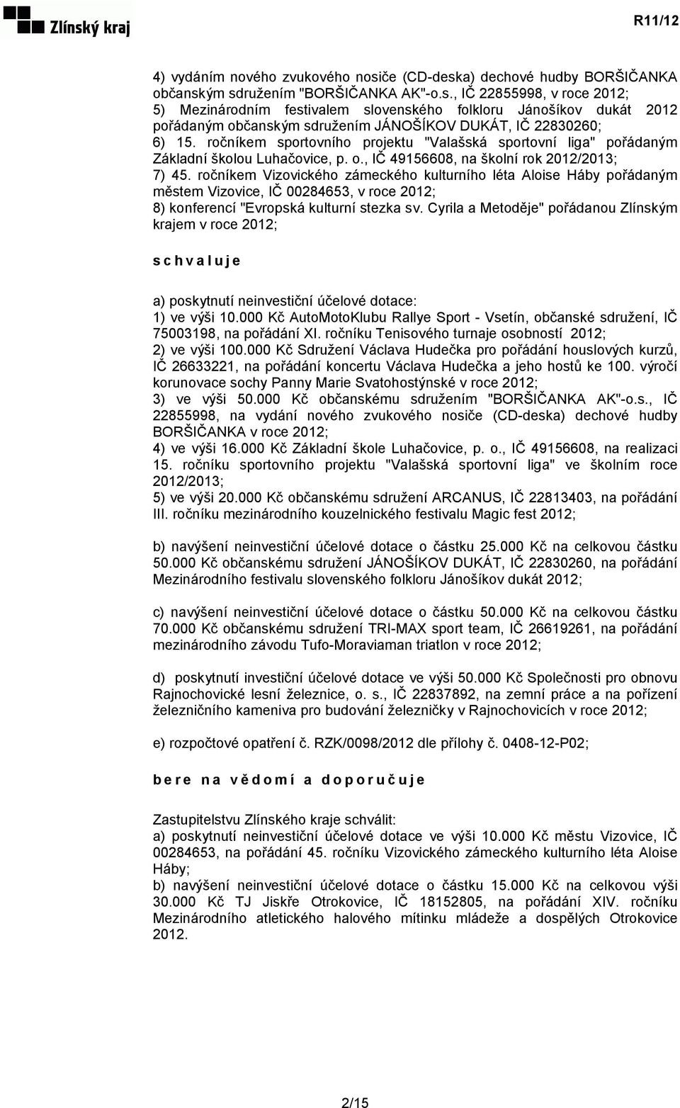 ročníkem Vizovického zámeckého kulturního léta Aloise Háby pořádaným městem Vizovice, IČ 00284653, v roce 2012; 8) konferencí "Evropská kulturní stezka sv.