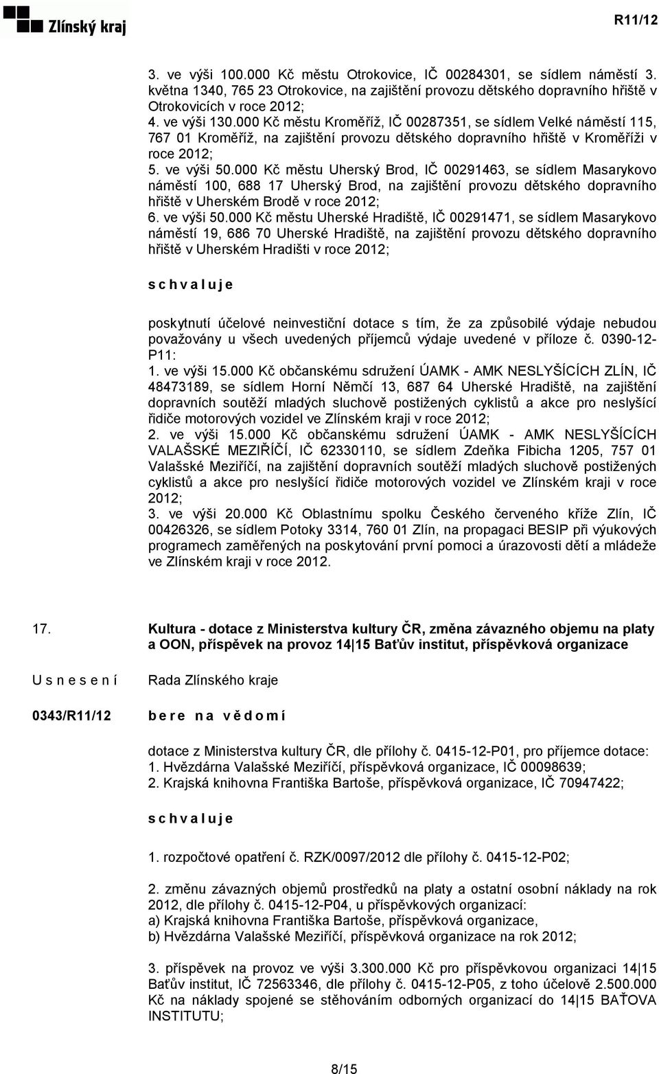 000 Kč městu Uherský Brod, IČ 00291463, se sídlem Masarykovo náměstí 100, 688 17 Uherský Brod, na zajištění provozu dětského dopravního hřiště v Uherském Brodě v roce 2012; 6. ve výši 50.