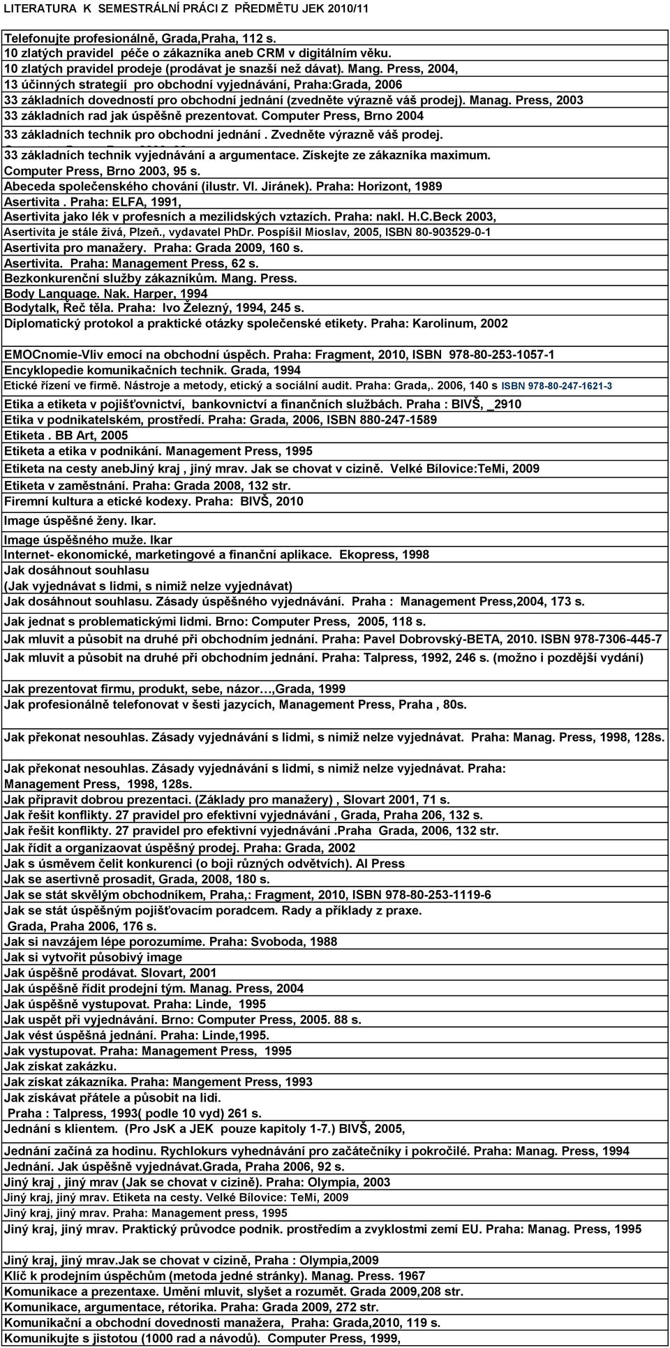 Press, 2004, 13 účinných strategií pro obchodní vyjednávání, Praha:Grada, 2006 33 základních dovedností pro obchodní jednání (zvedněte výrazně váš prodej). Manag.