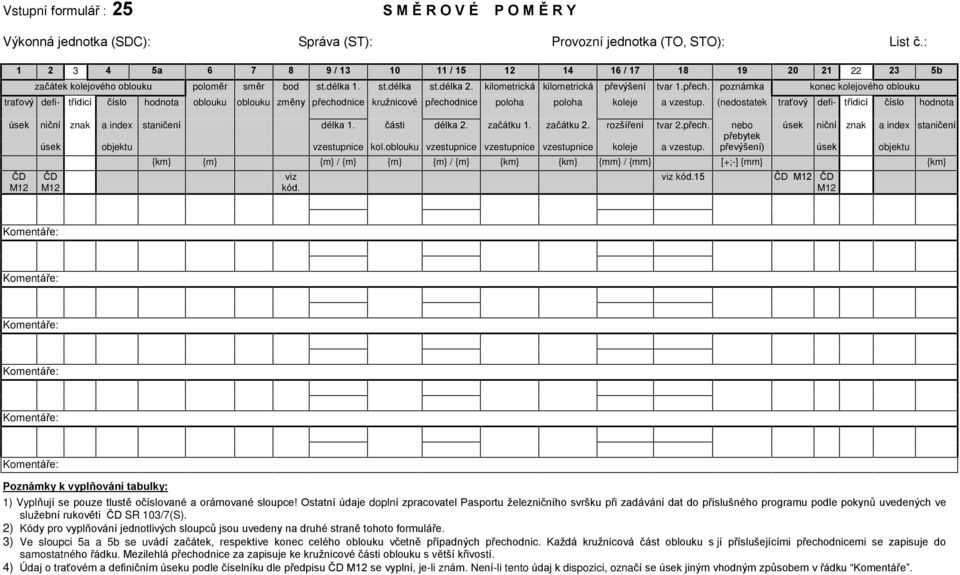 poznámka konec kolejového oblouku tra ový defi- tøídicí èíslo hodnota oblouku oblouku zmìny pøechodnice kružnicové pøechodnice poloha poloha koleje a vzestup.