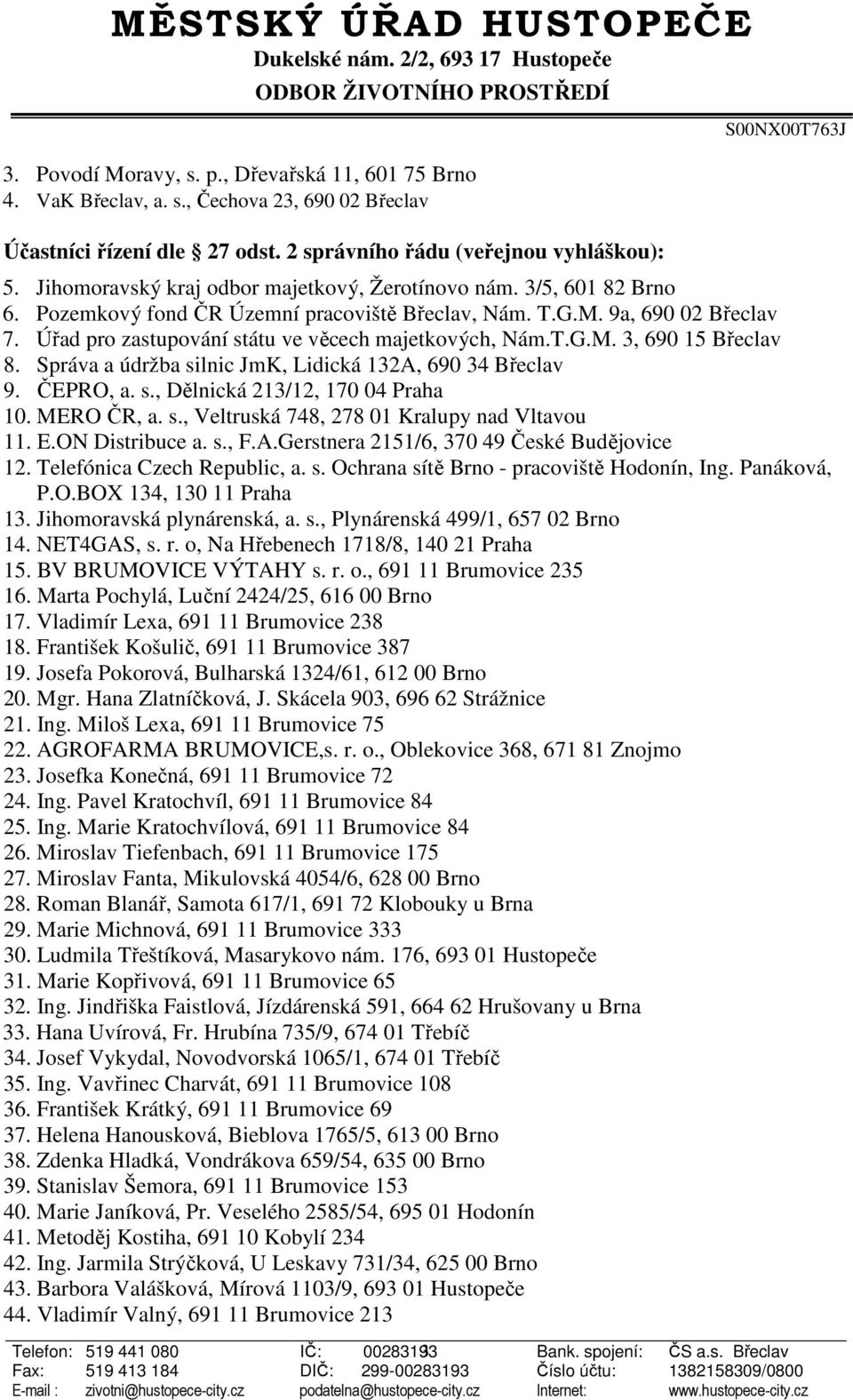 Úřad pro zastupování státu ve věcech majetkových, Nám.T.G.M. 3, 690 15 Břeclav 8. Správa a údržba silnic JmK, Lidická 132A, 690 34 Břeclav 9. ČEPRO, a. s., Dělnická 213/12, 170 04 Praha 10.