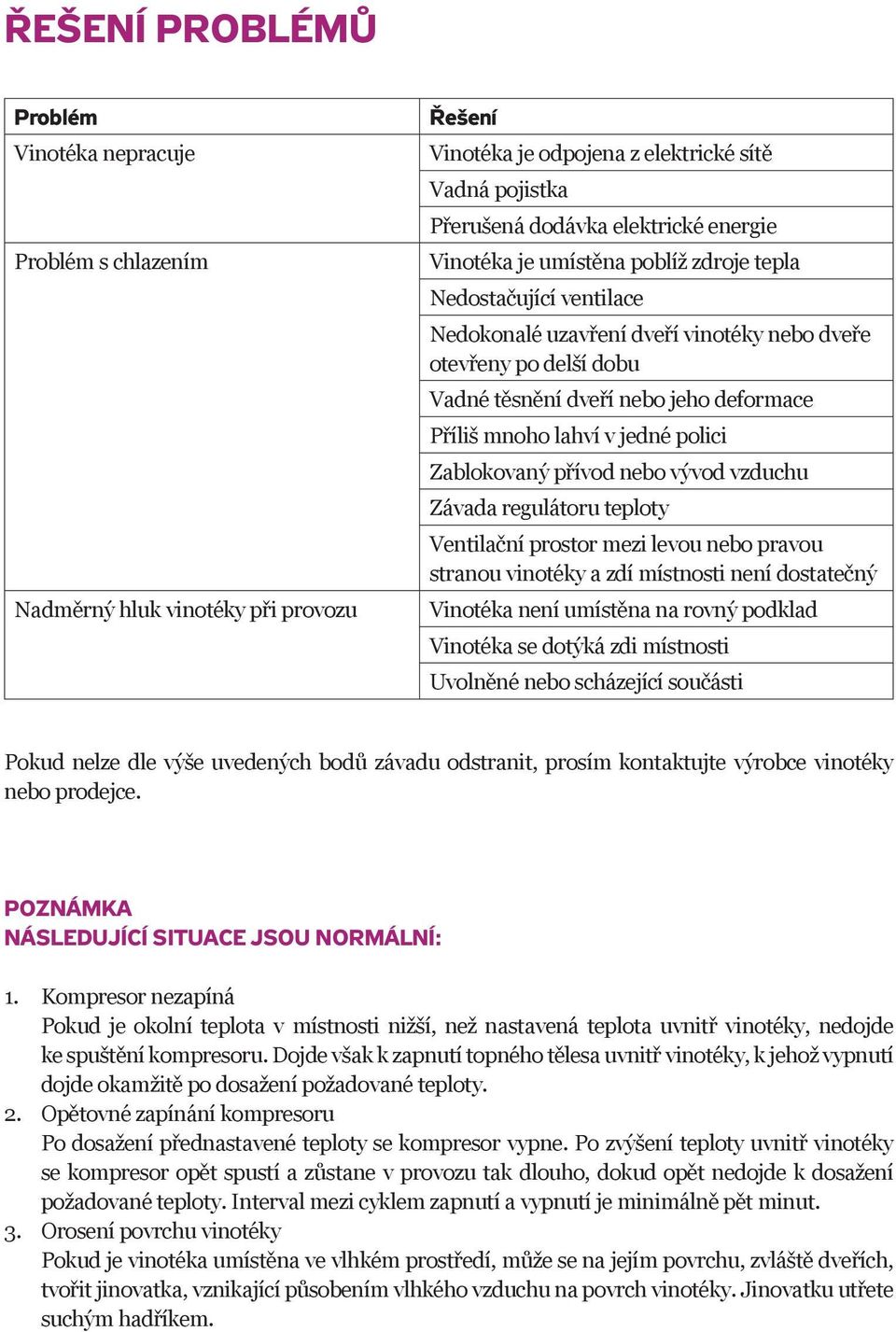 jedné polici Zablokovaný přívod nebo vývod vzduchu Závada regulátoru teploty Ventilační prostor mezi levou nebo pravou stranou vinotéky a zdí místnosti není dostatečný Vinotéka není umístěna na rovný