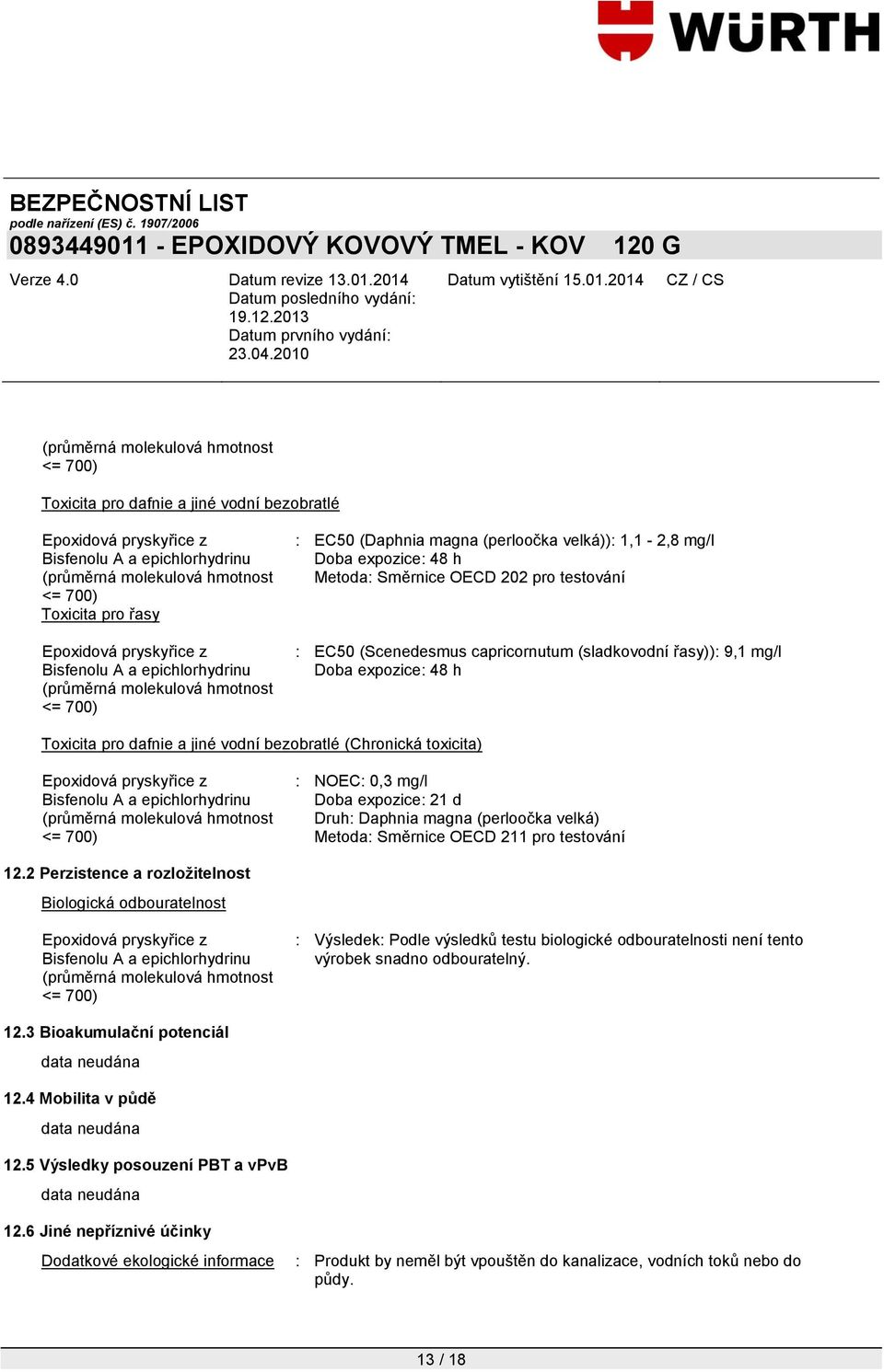 velká) Metoda: Směrnice OECD 211 pro testování 12.